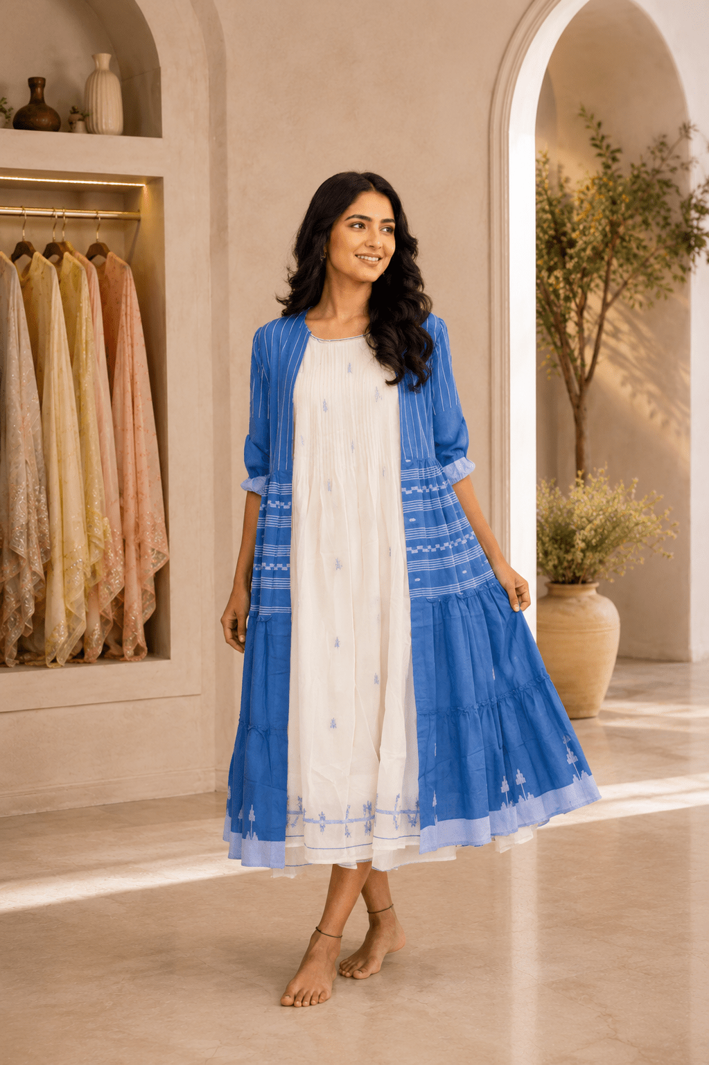 Riya White and Blue Floral Dress