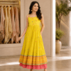 Yellow Jamdani frock with pink and multicolour border