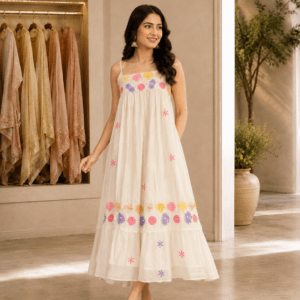 White Jamdani frock with multicolour floral motifs
