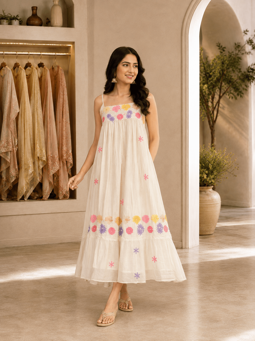 White Jamdani frock with multicolour floral motifs