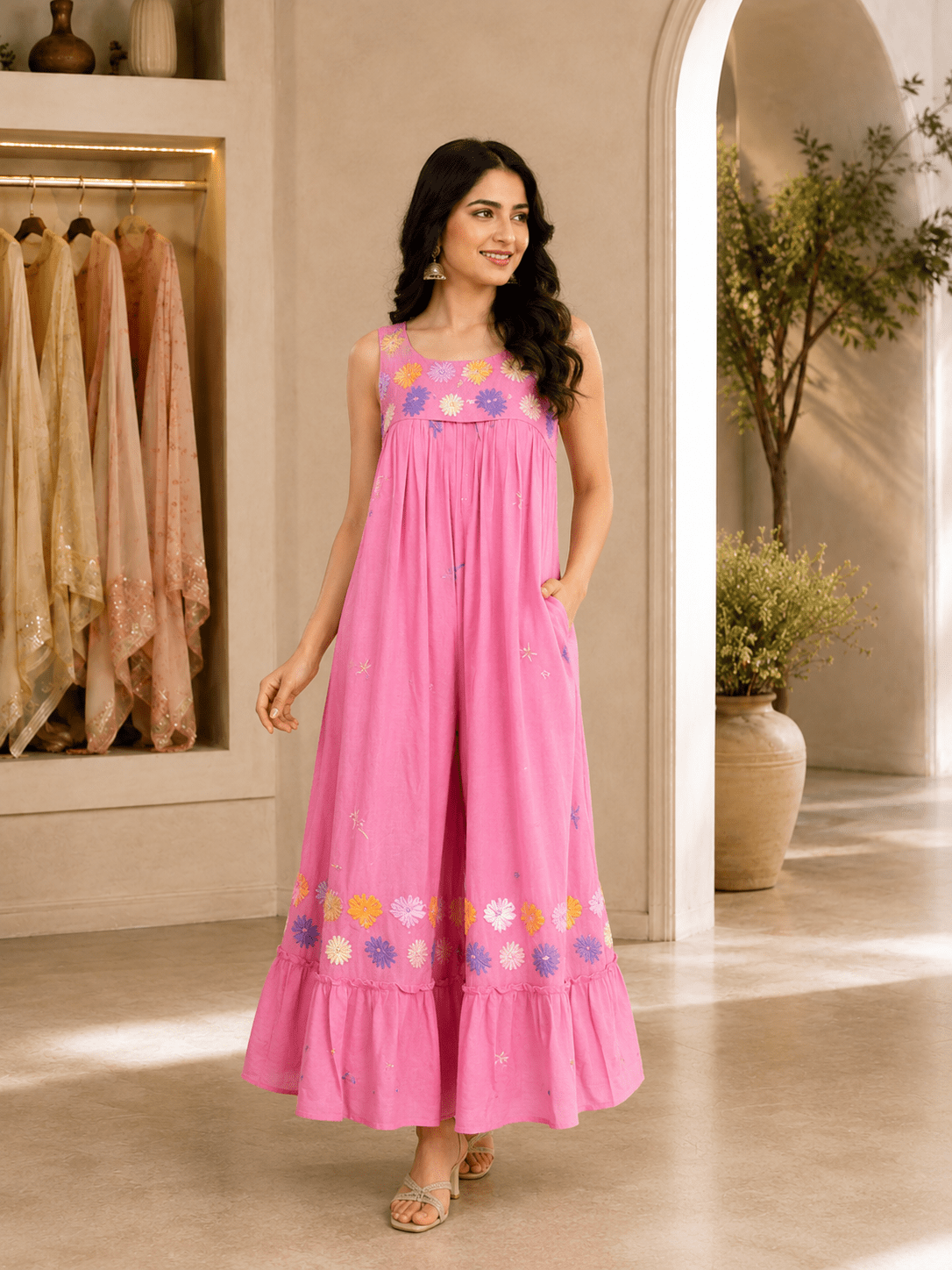 Pink Jamdani frock with multicolour floral motifs