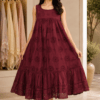 Maroon Jamdani embroidered tiered frock for women