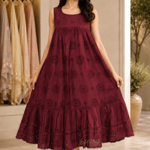 Maroon Jamdani embroidered tiered frock for women