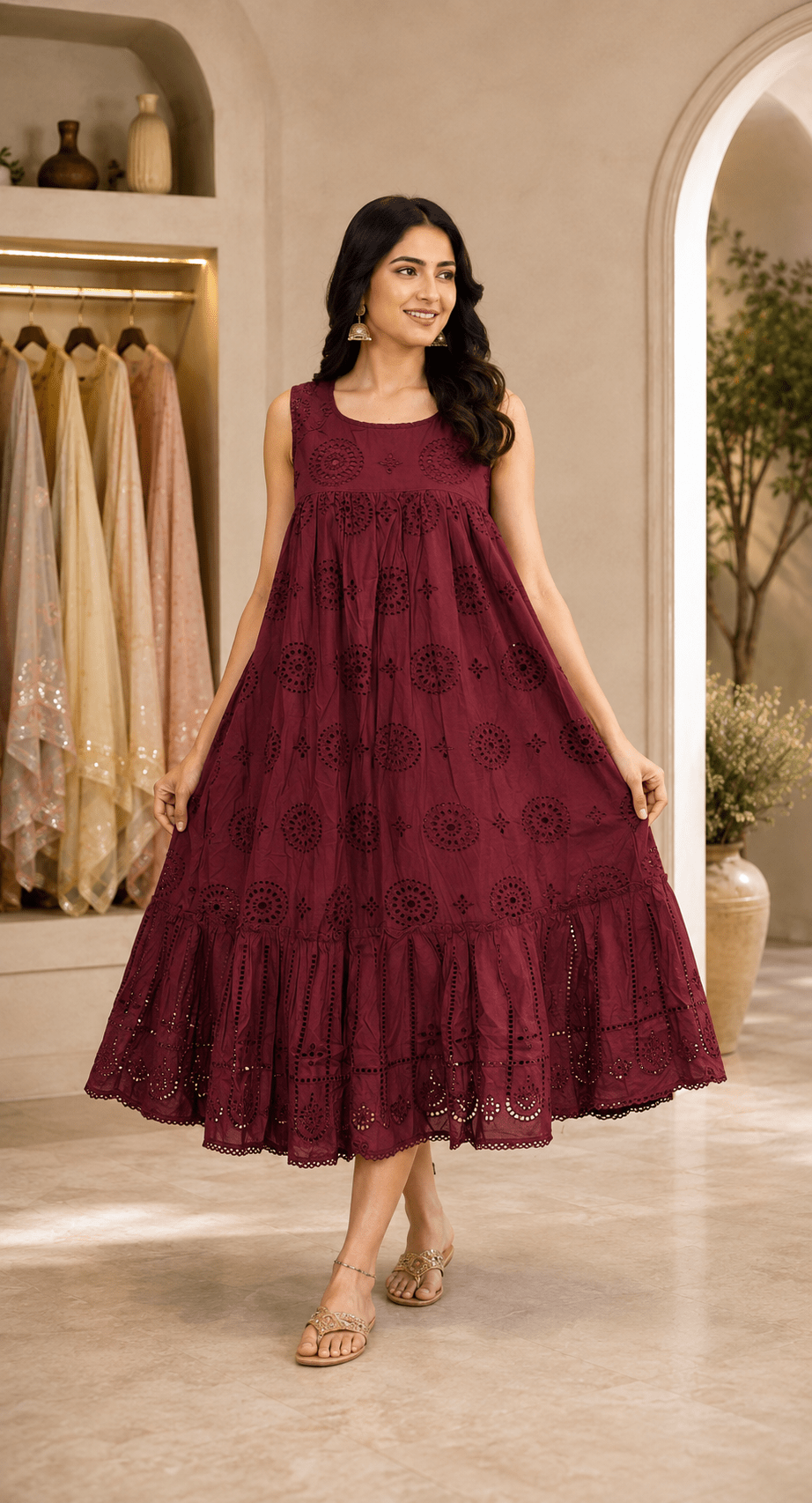 Maroon Jamdani embroidered tiered frock for women