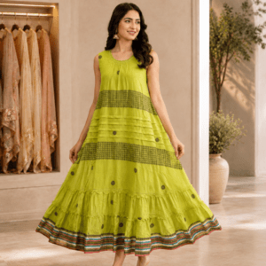 Lime green Jamdani frock with multicolour border