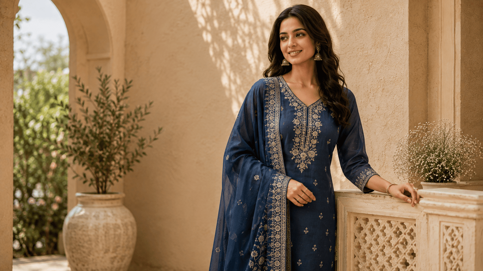 Woman wearing elegant Indian ethnic and contemporary clothing