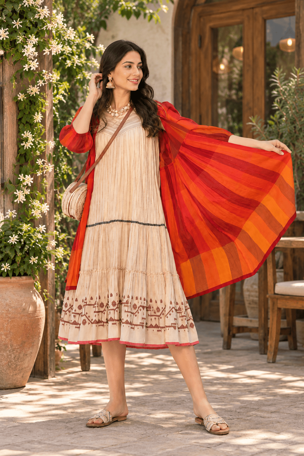 Ivory and Rust Orange Jamdani layered dress