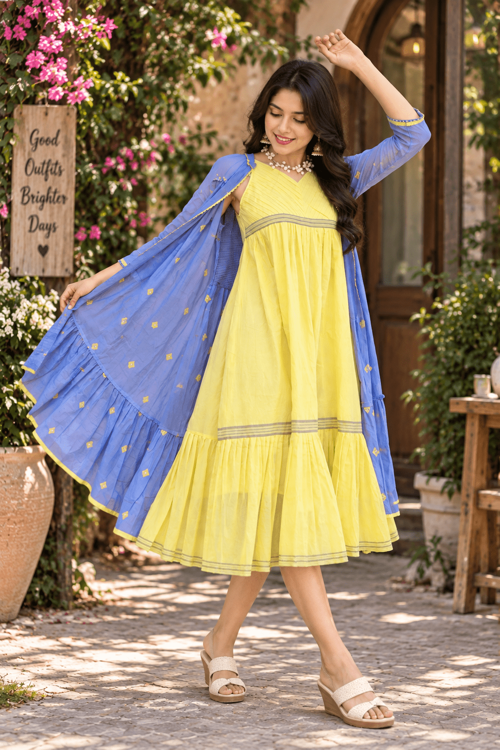 Lemon yellow and blue Jamdani layered dress