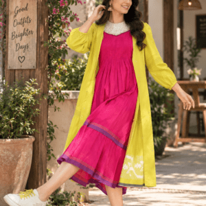 Mint green and hot pink Jamdani cotton frock with long jacket