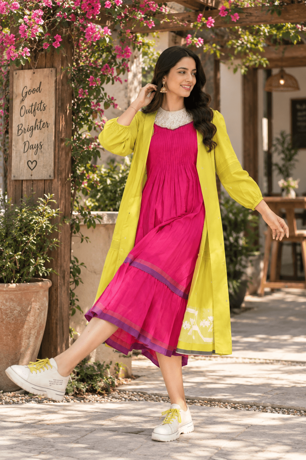 Mint green and hot pink Jamdani cotton frock with long jacket