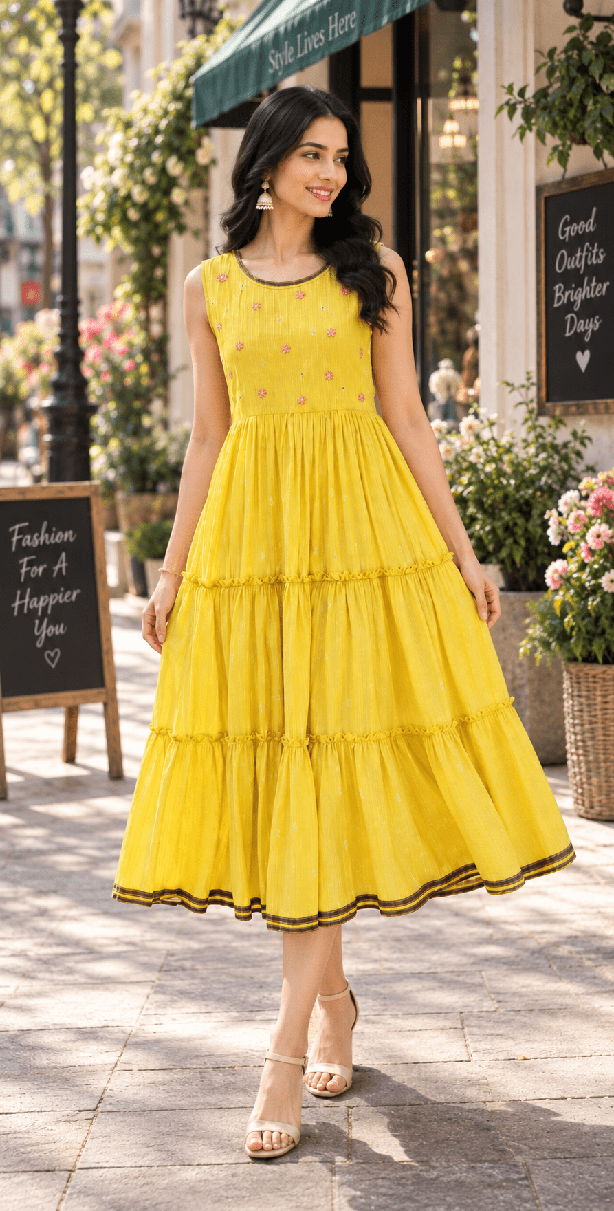 Yellow Jamdani cotton frock with floral detailing