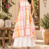 Pink yellow checkered layered Bengal cotton dress for women