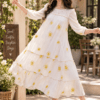 Ivory white Jamdani cotton frock with mustard yellow floral embroidery