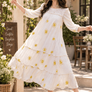 Ivory white Jamdani cotton frock with mustard yellow floral embroidery